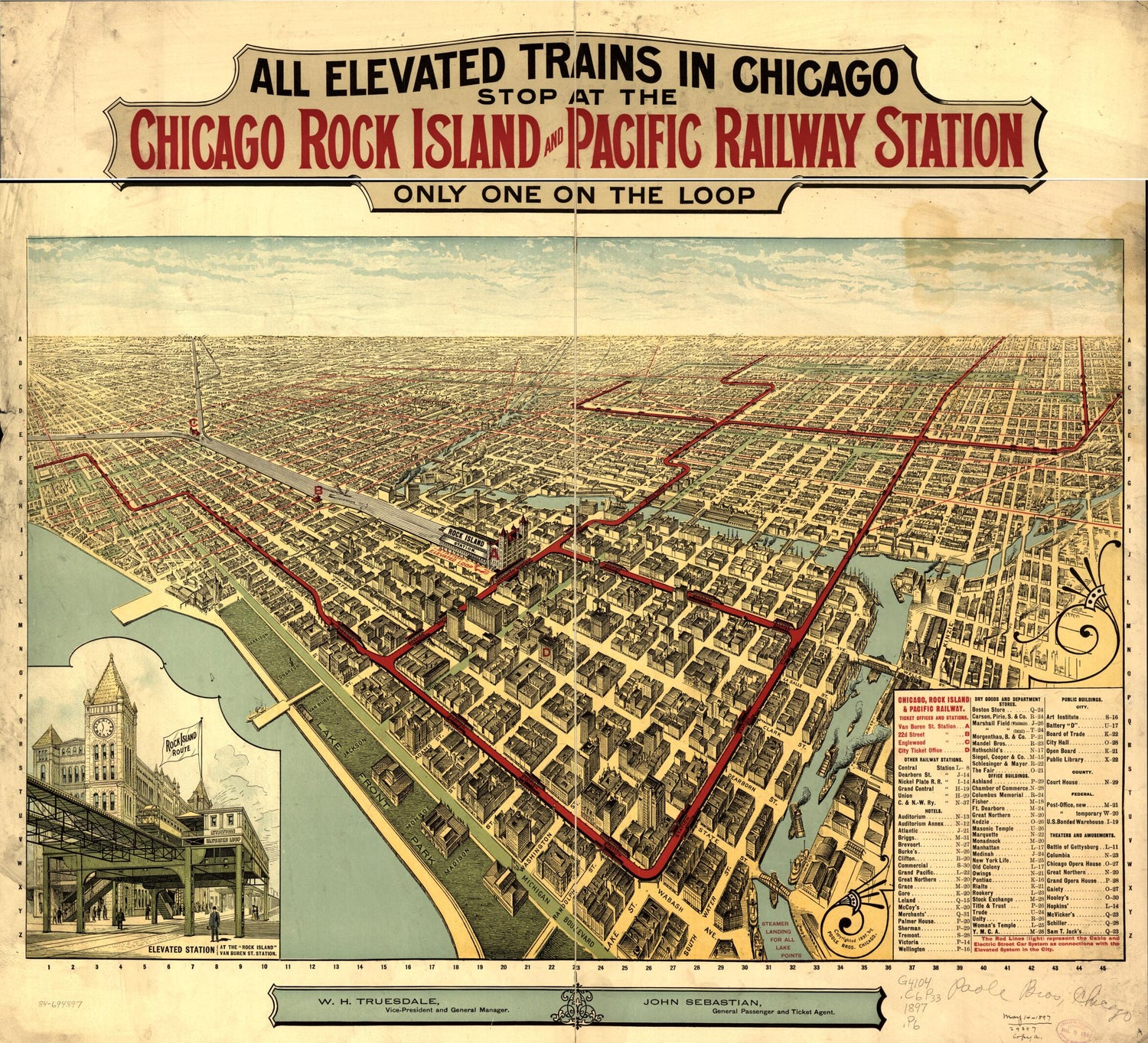 This old map of All Elevated Trains In Chicago Stop at the Chicago Rock Island and Pacific Railway Station, Only One On the Loop from 1897 was created by Rock Island and Pacific Railway Company Chicago,  Poole Brothers in 1897