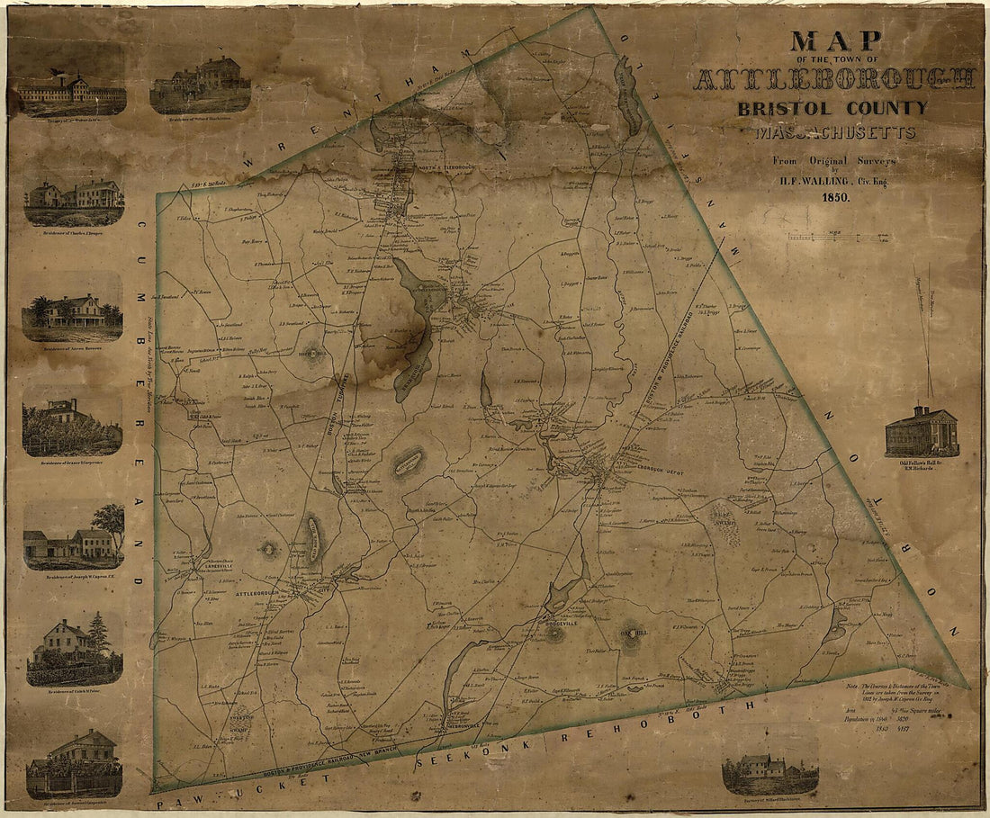 This old map of Map of the Town of Attleborough, Bristol County, Massachusetts from 1850 was created by Henry Francis Walling in 1850