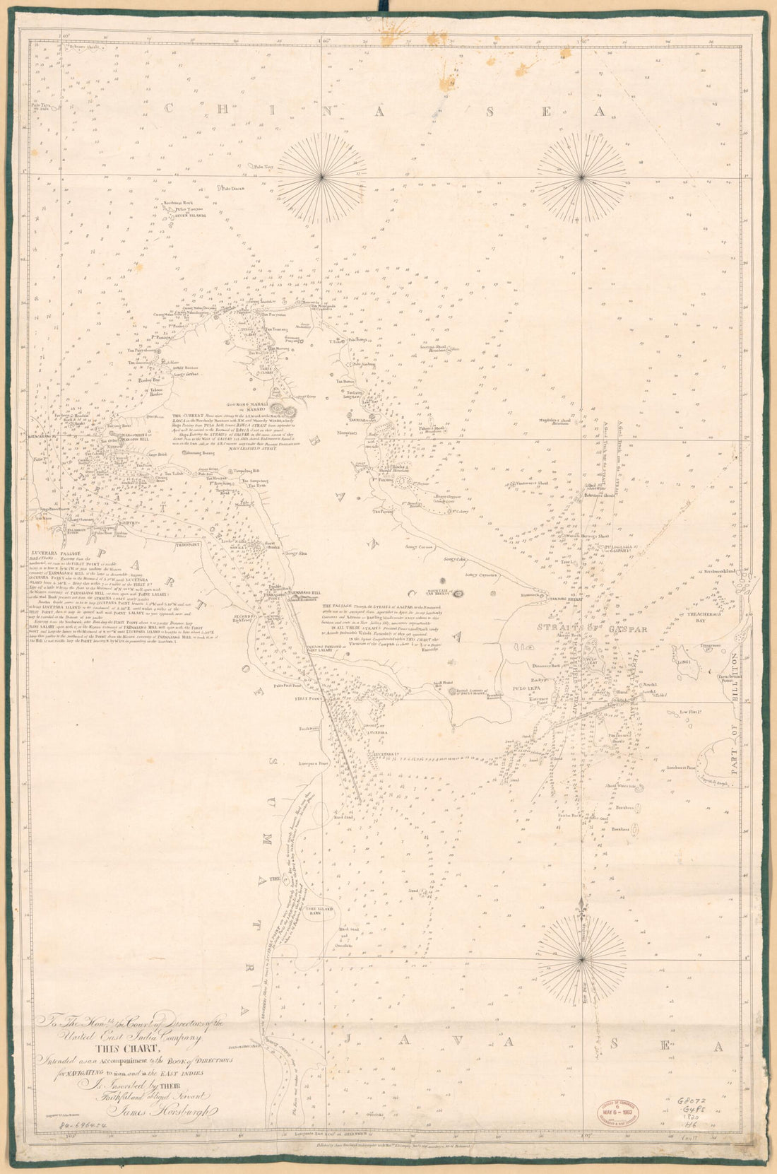 This old map of Chart of the Straits of Gaspar, Straits of Banca, and Adjacent Areas of the China and Java Seas from 1820 was created by J. (John) Bateman, James Horsburgh in 1820