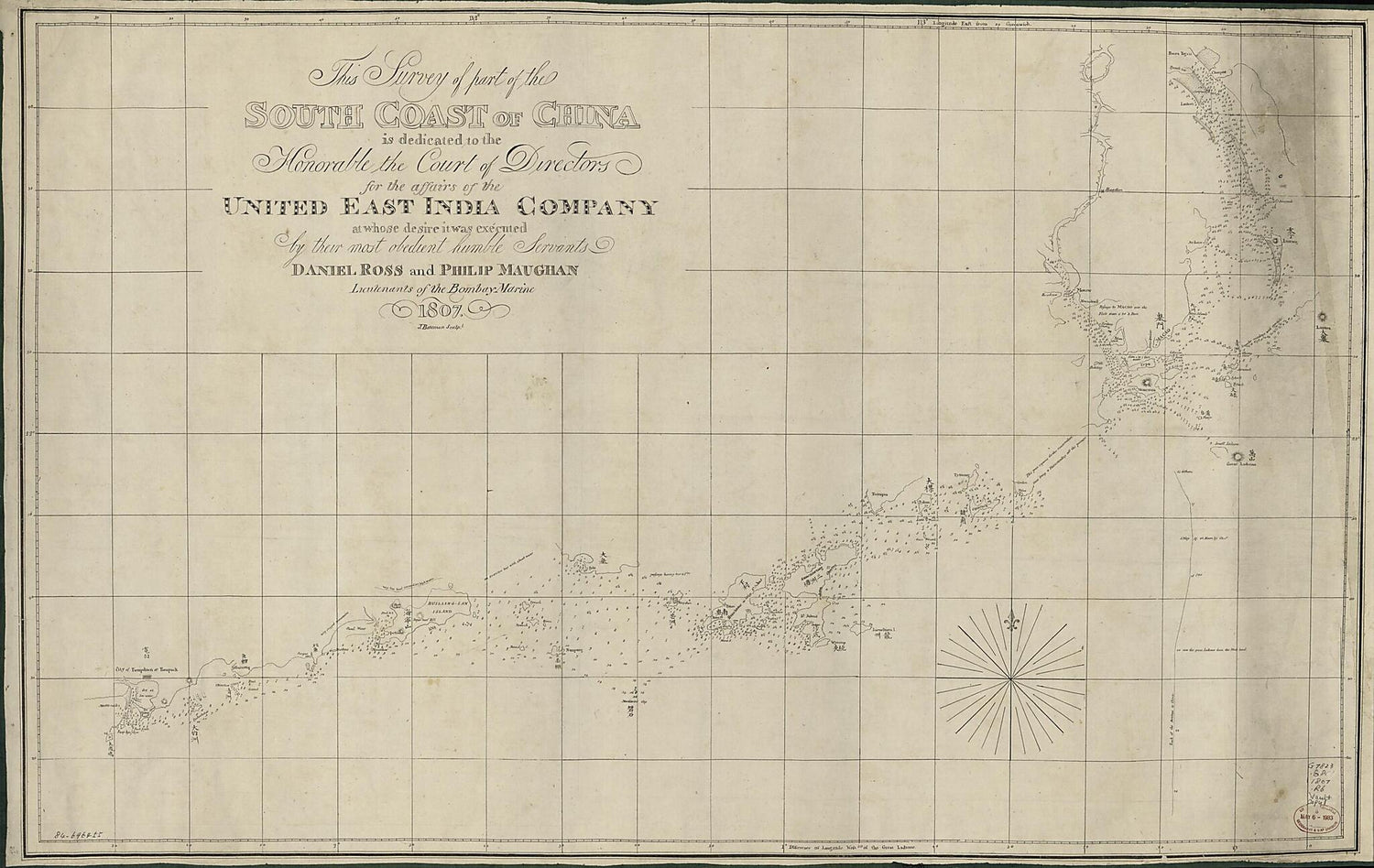 This old map of This Survey of Part of the South Coast of China (South Coast of China) from 1807 was created by J. (John) Bateman, Philip Maughan, Daniel Ross in 1807