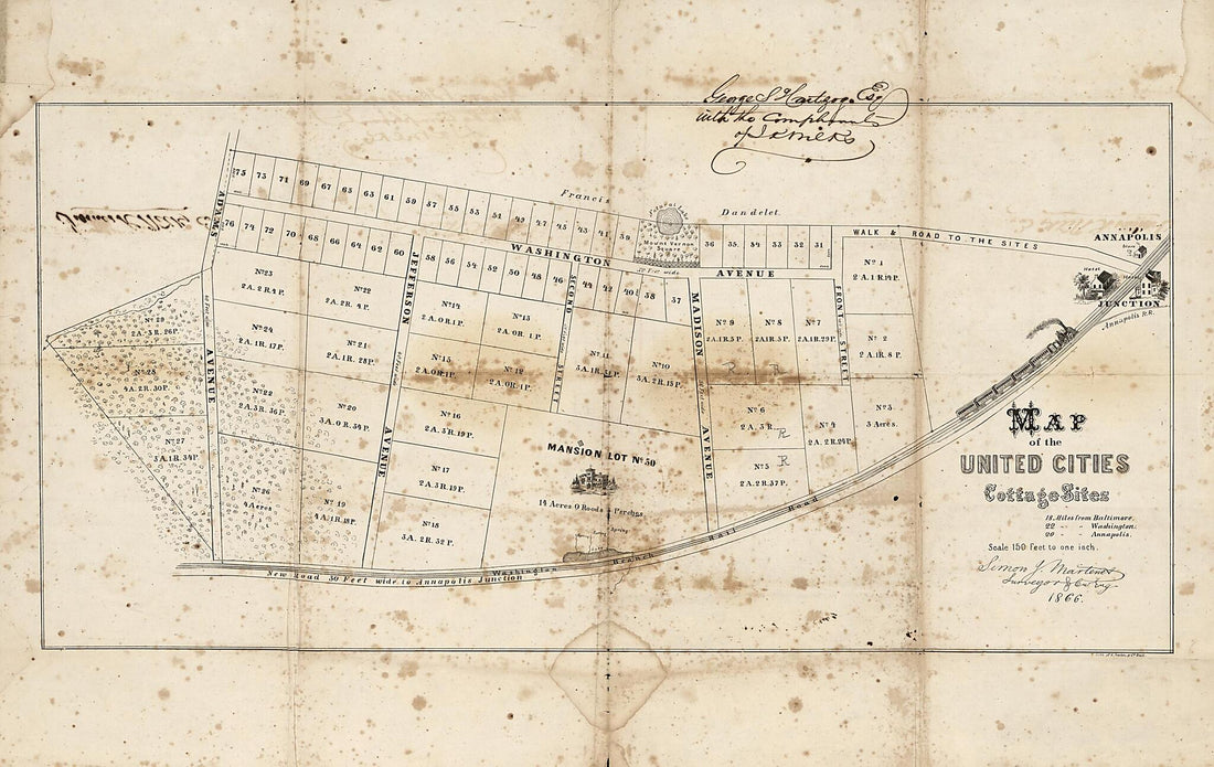 This old map of Map of the United Cities Cottage Sites from 1866 was created by Simon J. Martenet in 1866