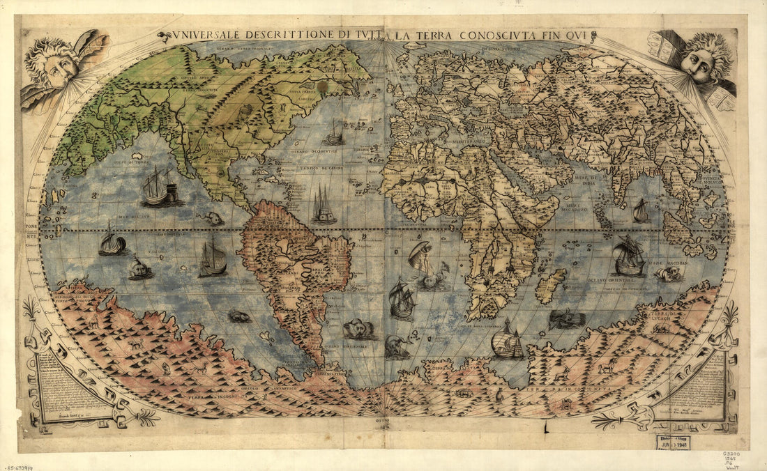 This old map of Vniversale Descrittione Di Tvtta La Terra Conoscivta Fin Qvi. (Universale Descrittione Di Tutta La Terra Conosciuta Fin Qui) from 1565 was created by Ferando Bertelli, Paolo Forlani, Giacomo Gastaldi, Lessing J. (Lessing Julius) Rosenwald