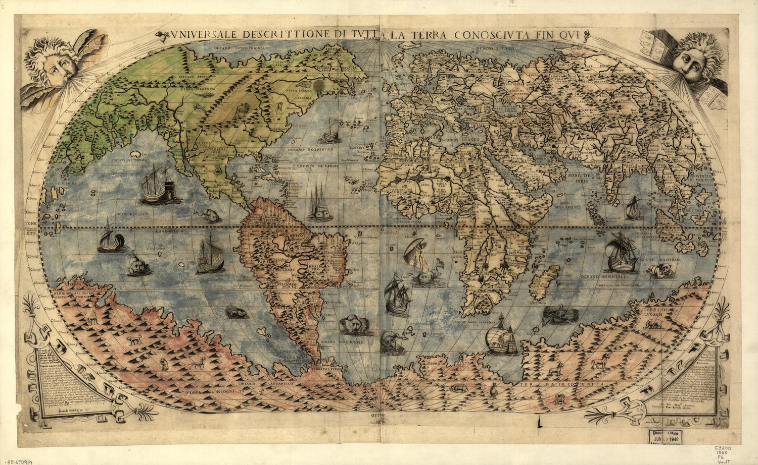 This old map of Vniversale Descrittione Di Tvtta La Terra Conoscivta Fin Qvi. (Universale Descrittione Di Tutta La Terra Conosciuta Fin Qui) from 1565 was created by Ferando Bertelli, Paolo Forlani, Giacomo Gastaldi, Lessing J. (Lessing Julius) Rosenwald