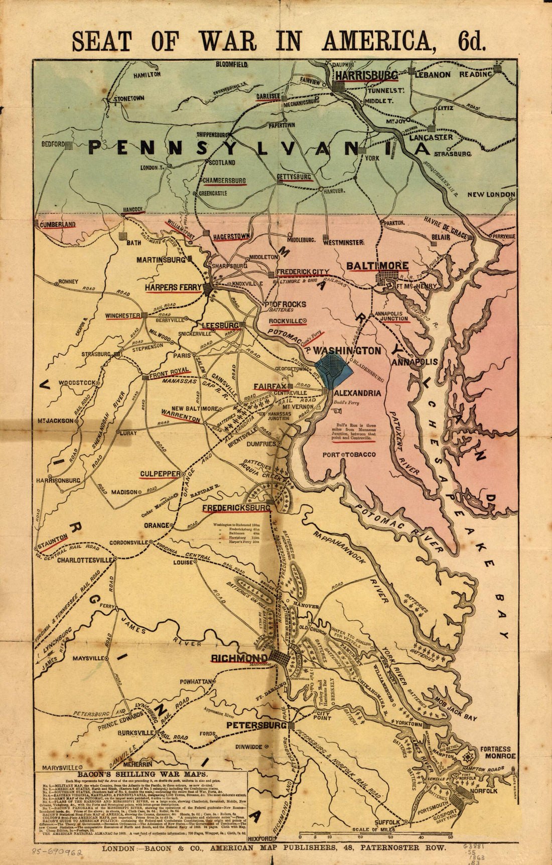 This old map of Seat of War In America, 6d from 1863 was created by  Bacon &amp; Co in 1863