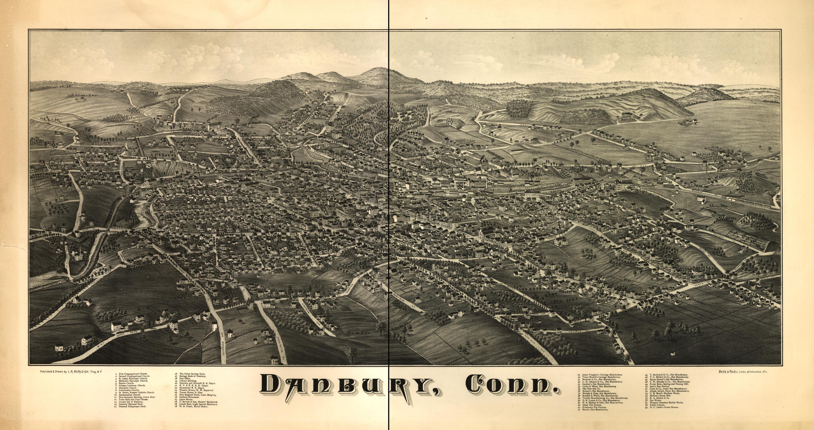 This old map of Danbury, Connecticut from 1884 was created by  Beck &amp; Pauli, L. R. (Lucien R.) Burleigh in 1884