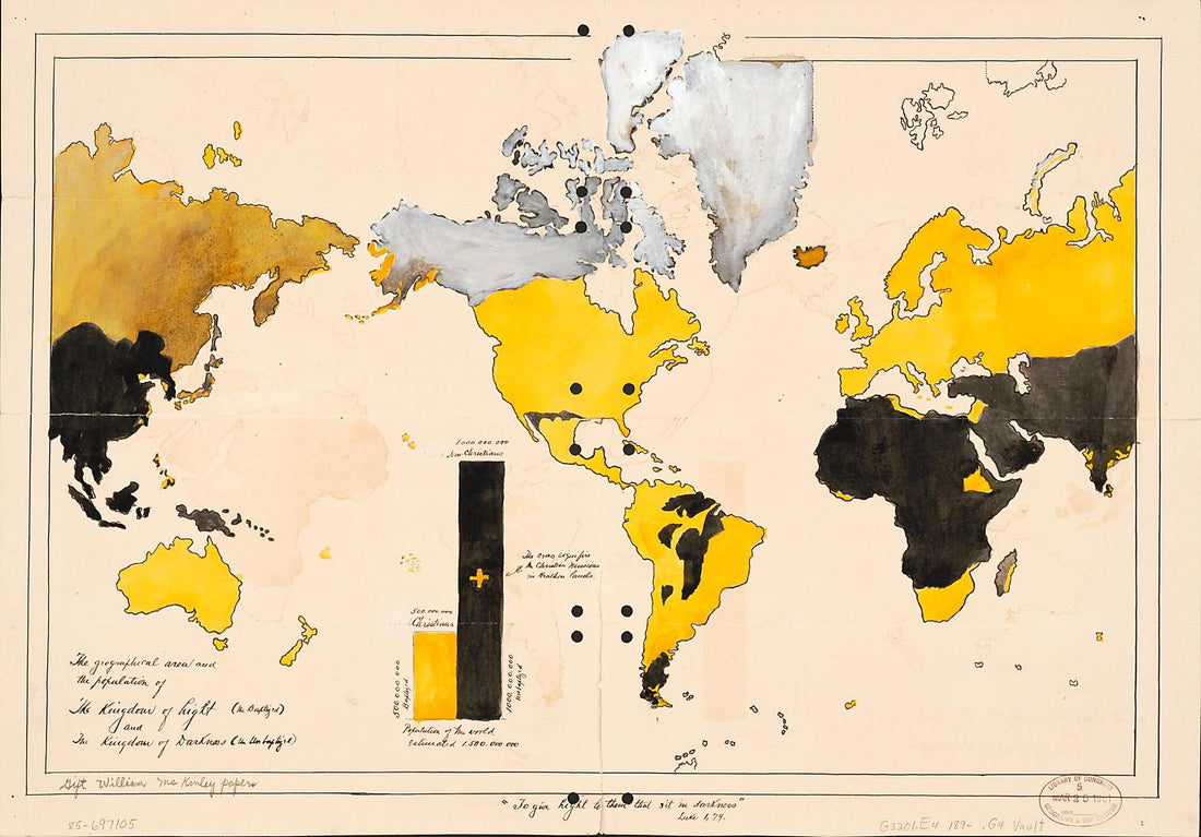 This old map of The Geographical Area and the Population of the Kingdom of Light (the Baptized) and the Kingdom of Darkness (the Unbaptized) from 1890 was created by  in 1890