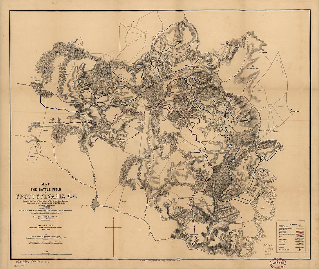 This old map of Map of the Battle Field of Spottsylvania C.H. : Showing the Field of Operations of the Army of the Potomac Commanded by Maj. Gen. George G. Meade U.S.A., from May 8th to 21st, 1865 i.e. from 1864 (Battle Field of Spottsylvania C.H.) was c