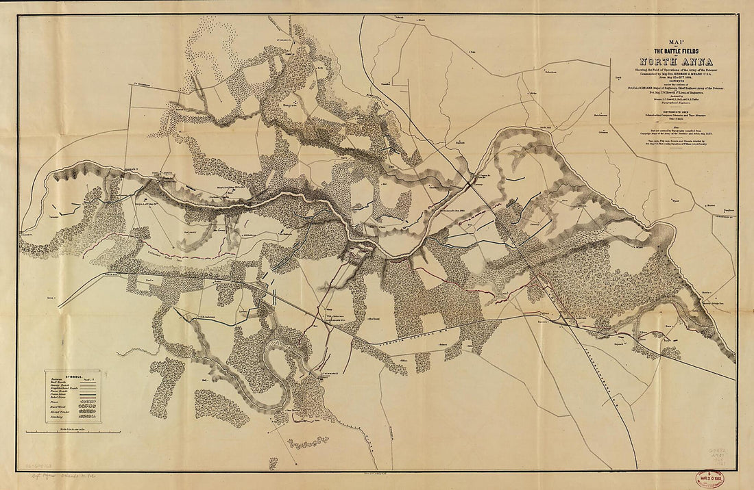 This old map of Map of the Battle Fields of North Anna : Showing the Field of Operations of the Army of the Potomac Commanded by Maj. Gen. George G. Meade U.S.A., from May 3d to 27th, from 1864 (Battle Fields of North Anna) was created by Julius Bien, Ja