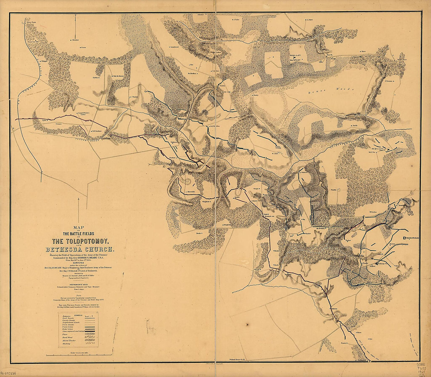 This old map of Map of the Battle Fields of the Tolopotomoy, and Bethesda Church : Showing the Field of Operations of the Army of the Potomac Commanded by Maj. Gen. George G. Meade U.S.A., from May 28th to June 2nd, from 1864 (Battle Fields of the Tolopo