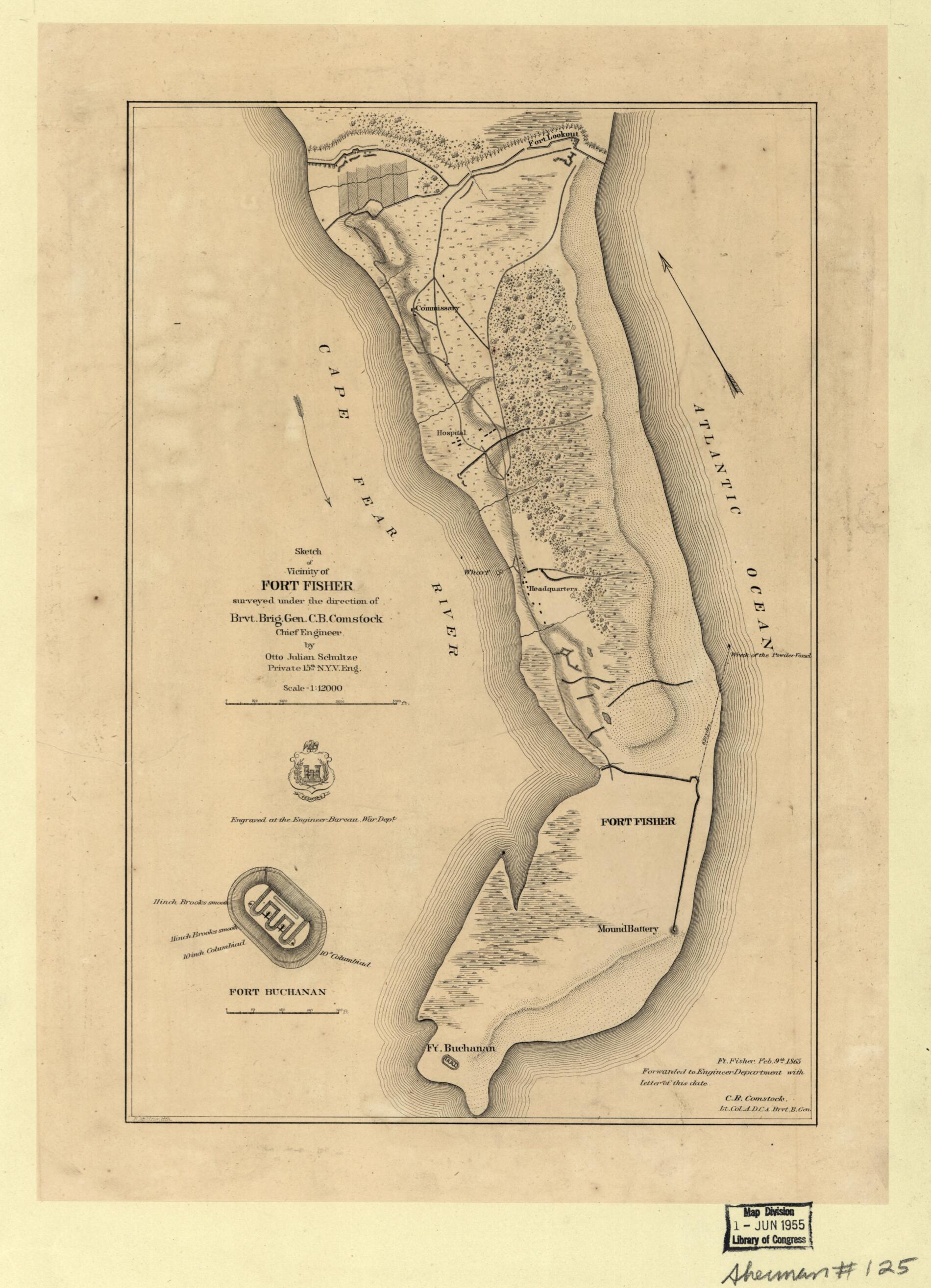 This old map of Sketch of Vicinity of Fort Fisher from 1865 was created by C. B. (Cyrus Ballou) Comstock, E. Molitor, O. M. (Orlando Metcalfe) Poe, Otto Julian Schultze,  United States. War Department. Engineer Bureau in 1865