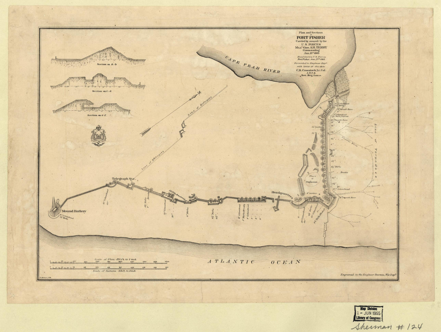This old map of Plan and Sections of Fort Fisher, Carried by Assault by the U.S. Forces, Maj. Gen. A.H. Terry Commanding, Jan. 15th, from 1865 was created by C. B. (Cyrus Ballou) Comstock, E. Molitor, O. M. (Orlando Metcalfe) Poe,  United States. War Dep