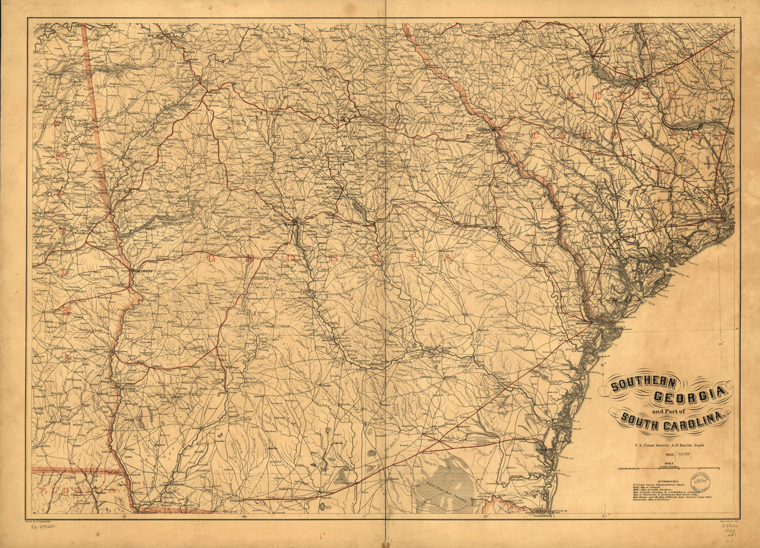 This old map of Southern Georgia and Part of South Carolina from 1865 was created by A. D. (Alexander Dallas) Bache, Charles G. Krebs, A. Lindenkohl,  United States Coast Survey in 1865