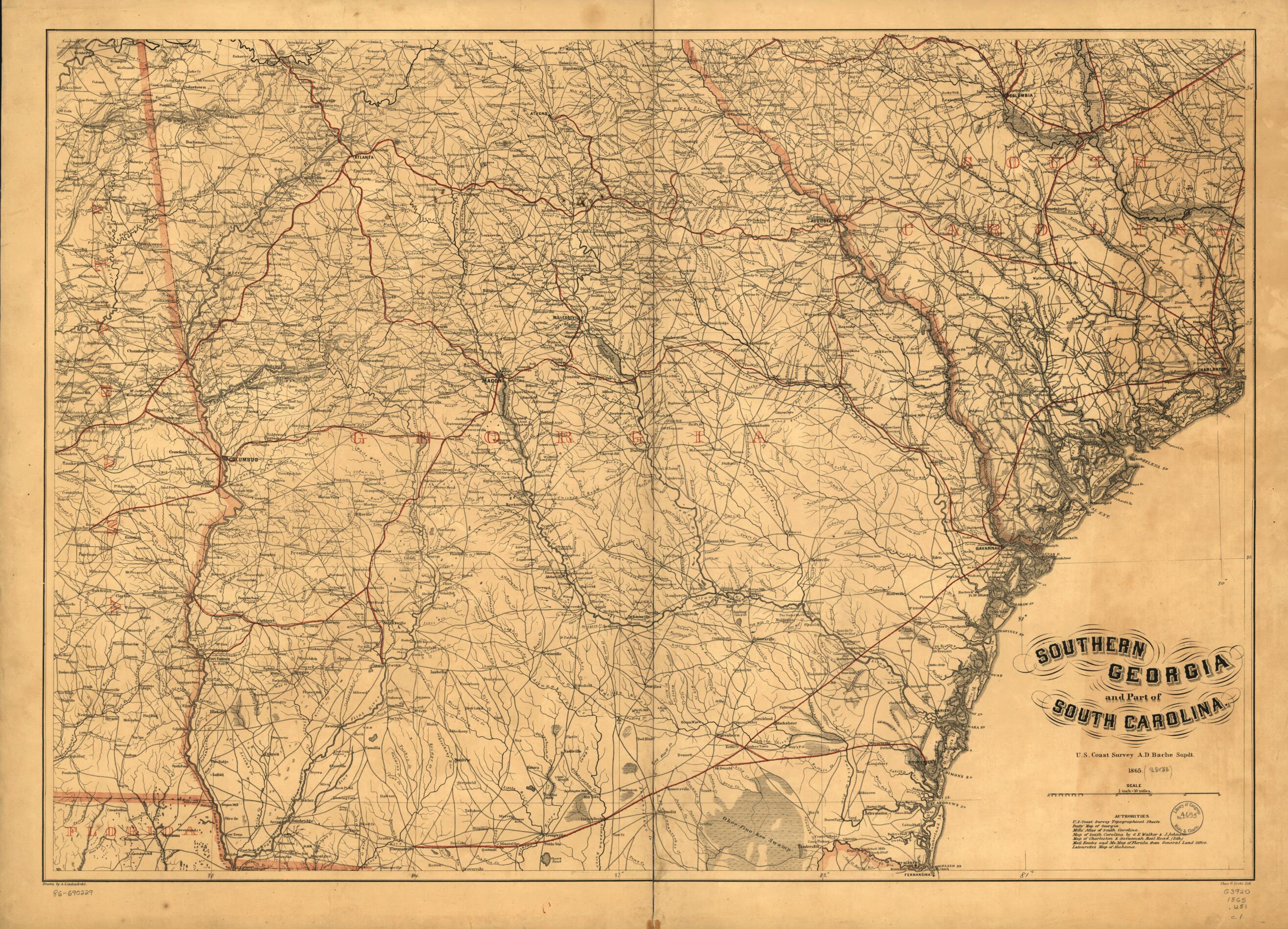 This old map of Southern Georgia and Part of South Carolina from 1865 was created by A. D. (Alexander Dallas) Bache, Charles G. Krebs, A. Lindenkohl,  United States Coast Survey in 1865