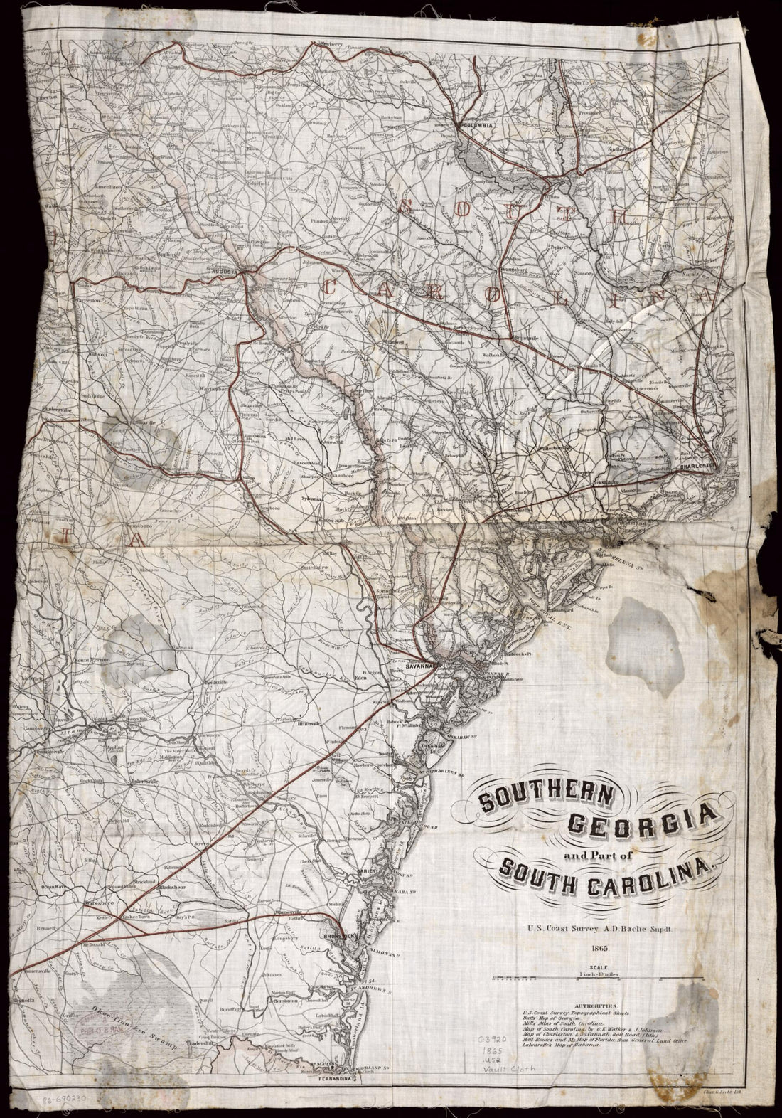 This old map of Southern Georgia and Part of South Carolina from 1865 was created by A. D. (Alexander Dallas) Bache, Charles G. Krebs, A. Lindenkohl, O. M. (Orlando Metcalfe) Poe,  United States Coast Survey in 1865