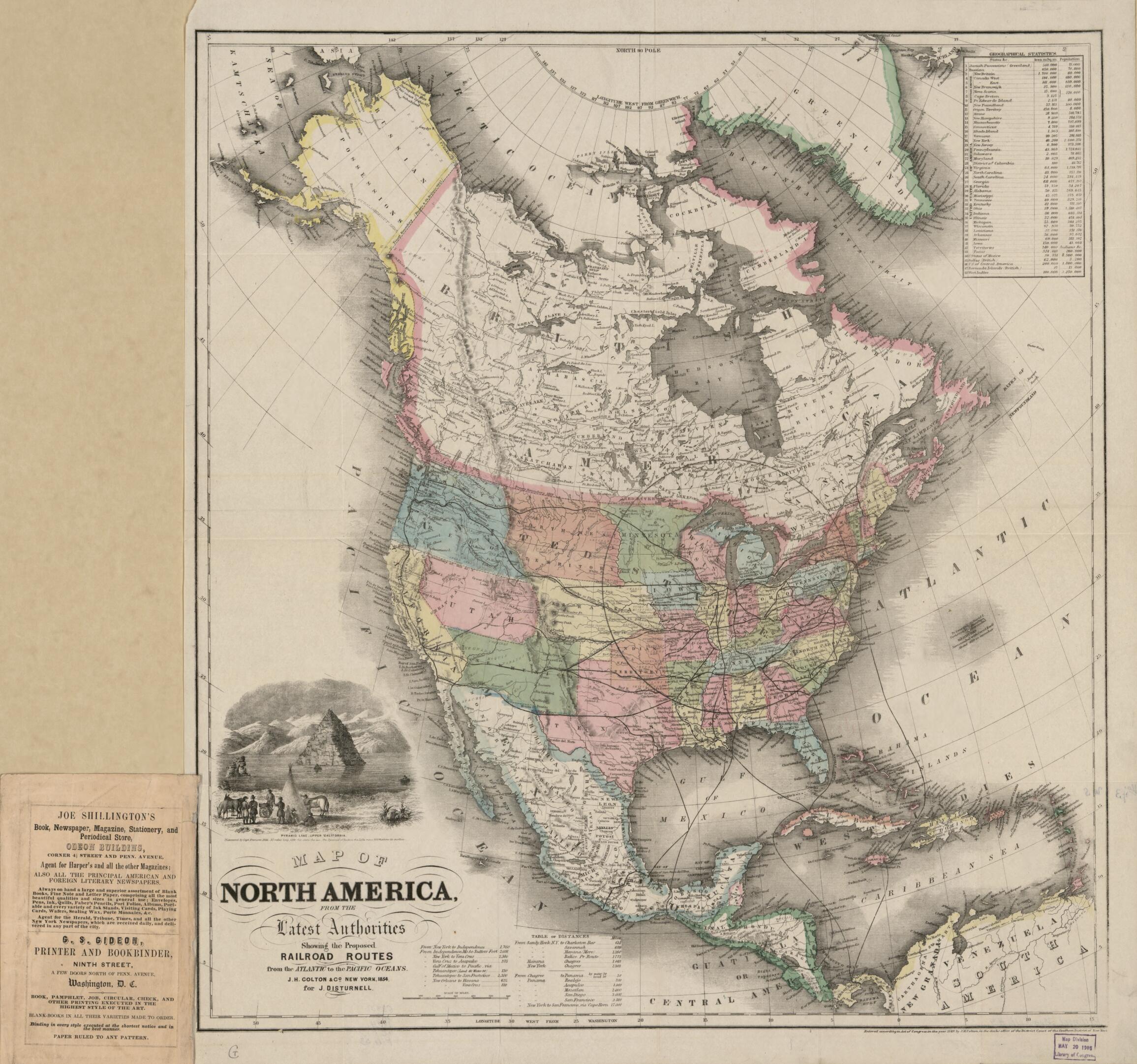 This old map of Map of North America from the Latest Authorities, Showing the Proposed Railroad Routes from the Atlantic to the Pacific Oceans from 1854 was created by Nathaniel Prentiss Banks, John Disturnell,  J.H. Colton &amp; Co in 1854