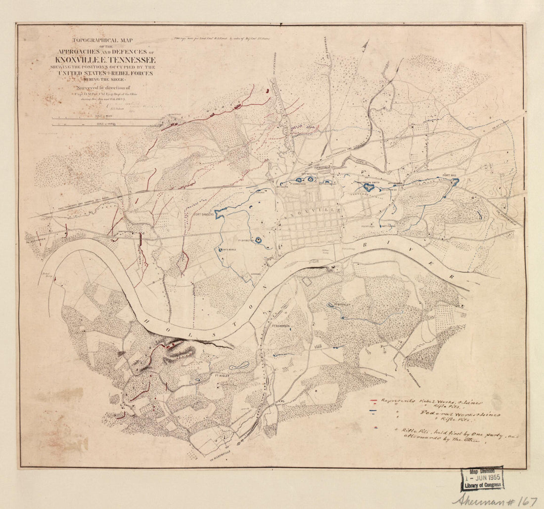 This old map of Topographical Map of the Approaches and Defences of Knoxville, E. Tennessee, Shewing the Positions Occupied by the United States &amp; Rebel Forces During the Siege from 1864 was created by O. M. (Orlando Metcalfe) Poe, Cleveland Rockwell, R.