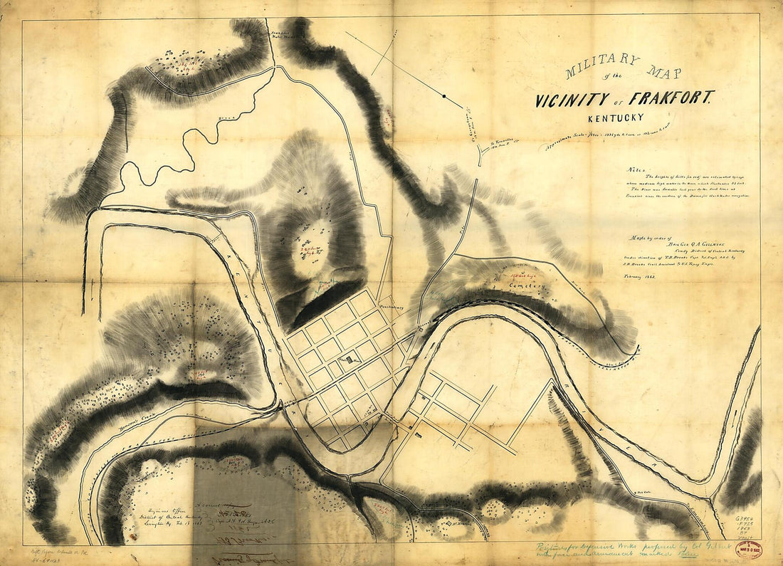 This old map of Military Map of the Vicinity of Frankfort, Kentucky from 1863 was created by J. H. Brooks, O. M. (Orlando Metcalfe) Poe in 1863