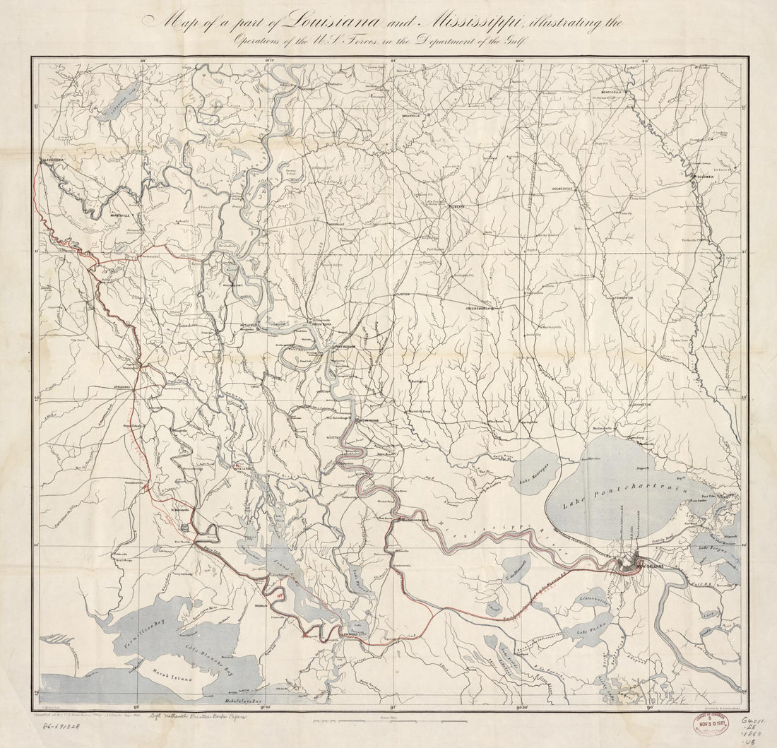 This old map of Map of a Part of Louisiana and Mississippi, Illustrating the Operations of the U.S. Forces In the Department of the Gulf from 1863 was created by A. D. (Alexander Dallas) Bache, Nathaniel Prentiss Banks, H. (Henry) Lindenkohl, E. Molitor,