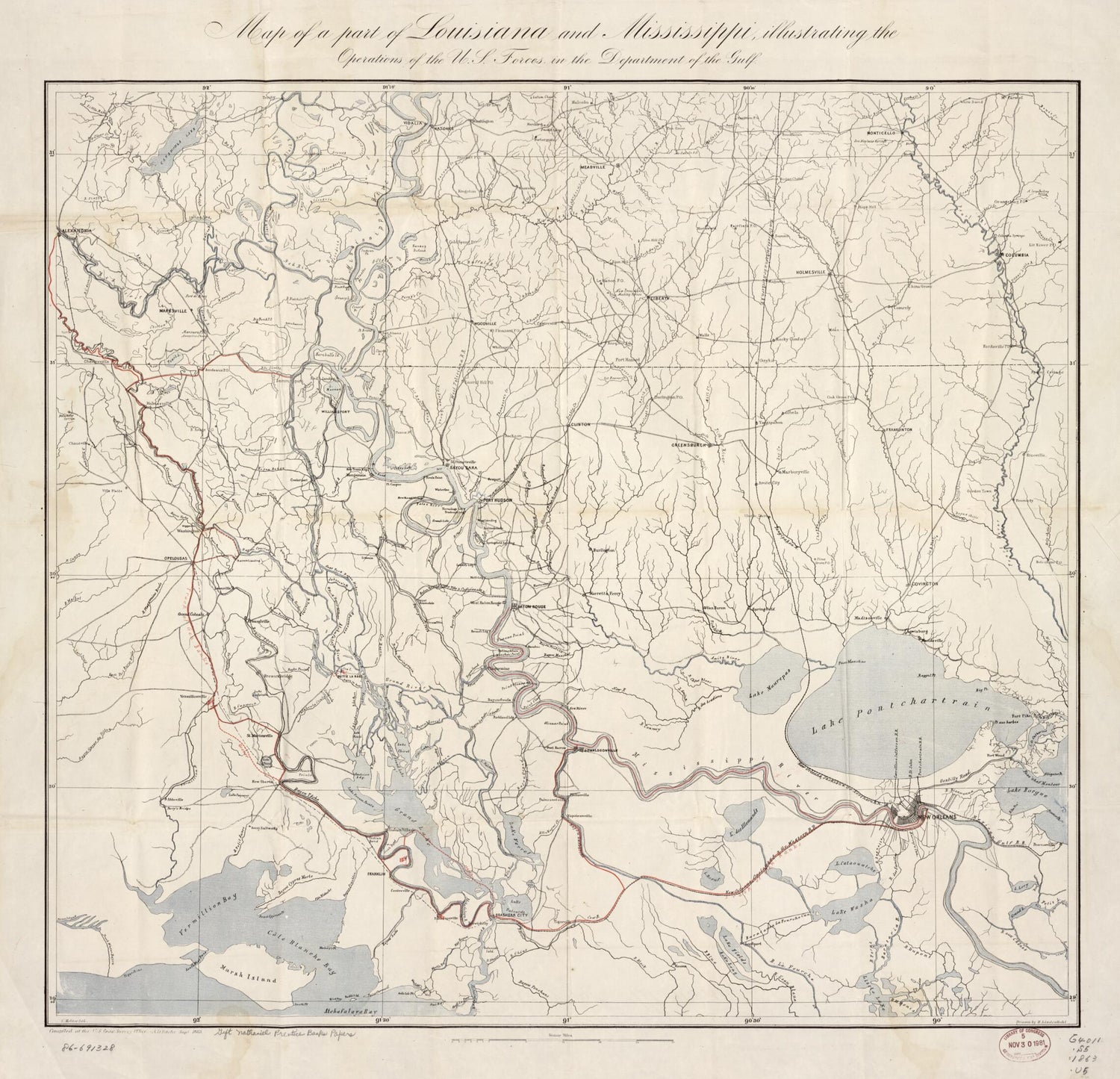 This old map of Map of a Part of Louisiana and Mississippi, Illustrating the Operations of the U.S. Forces In the Department of the Gulf from 1863 was created by A. D. (Alexander Dallas) Bache, Nathaniel Prentiss Banks, H. (Henry) Lindenkohl, E. Molitor,
