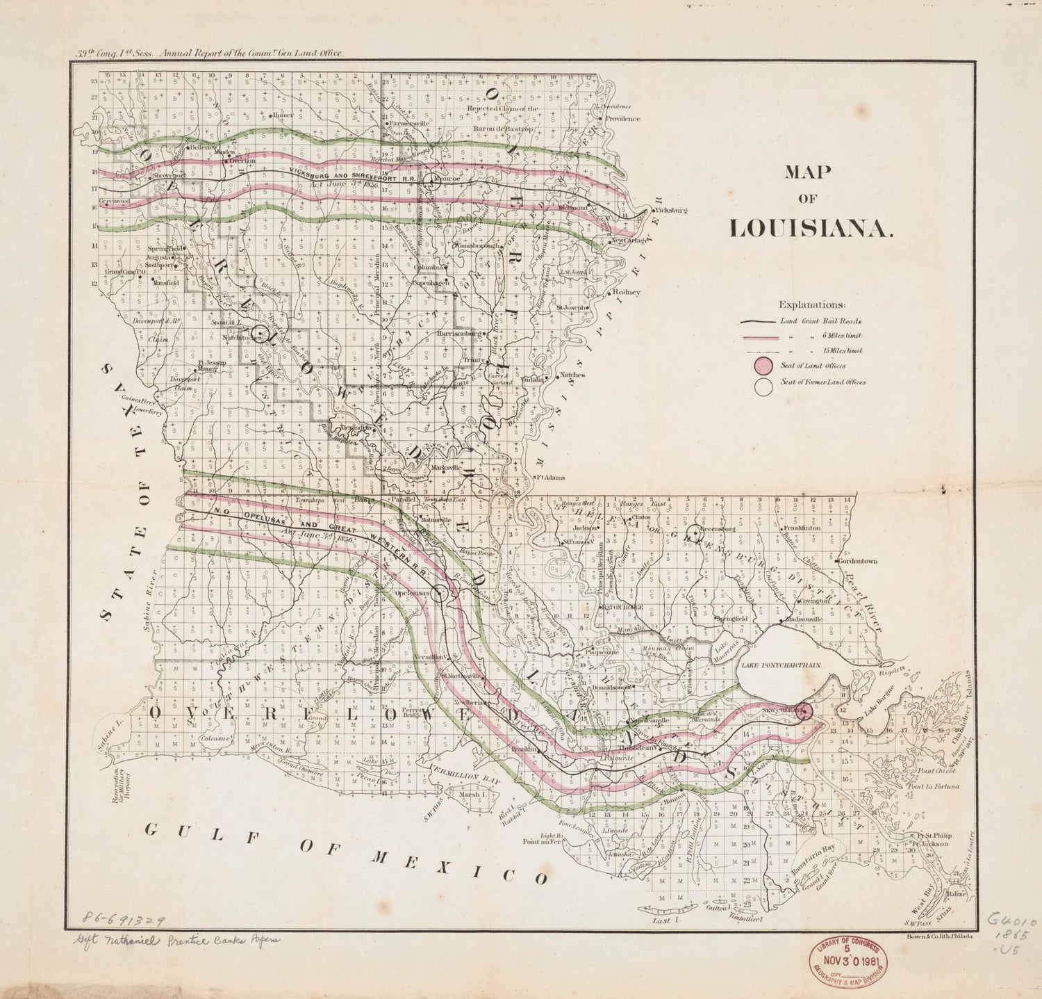 This old map of Map of Louisiana from 1865 was created by Nathaniel Prentiss Banks,  Bowen &amp; Co,  United States. Congress,  United States. General Land Office in 1865