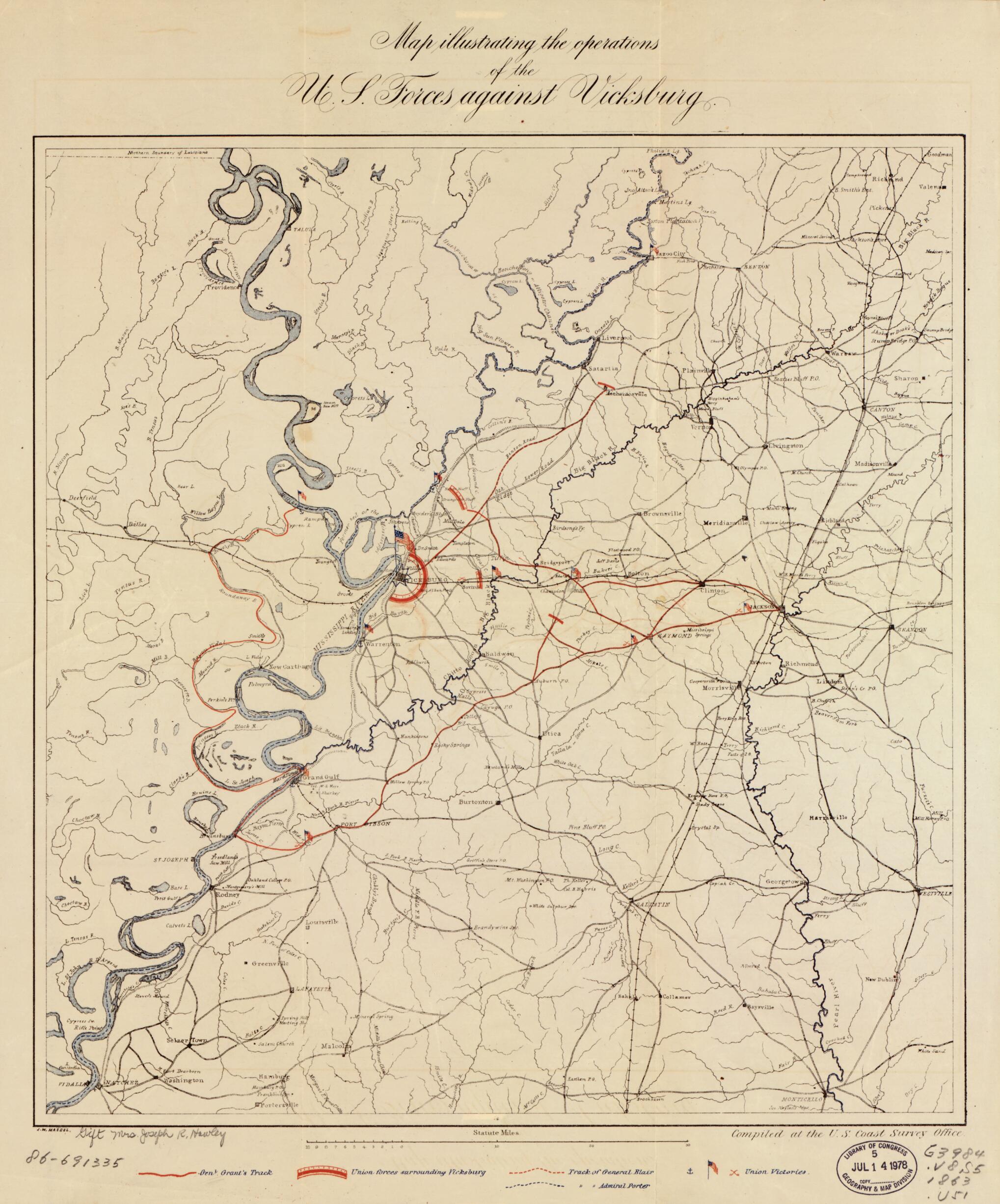 This old map of Map Illustrating the Operations of U.S. Forces Against Vicksburg from 1863 was created by Joseph R. (Joseph Roswell) Hawley, J. W. Maedel,  United States Coast Survey in 1863