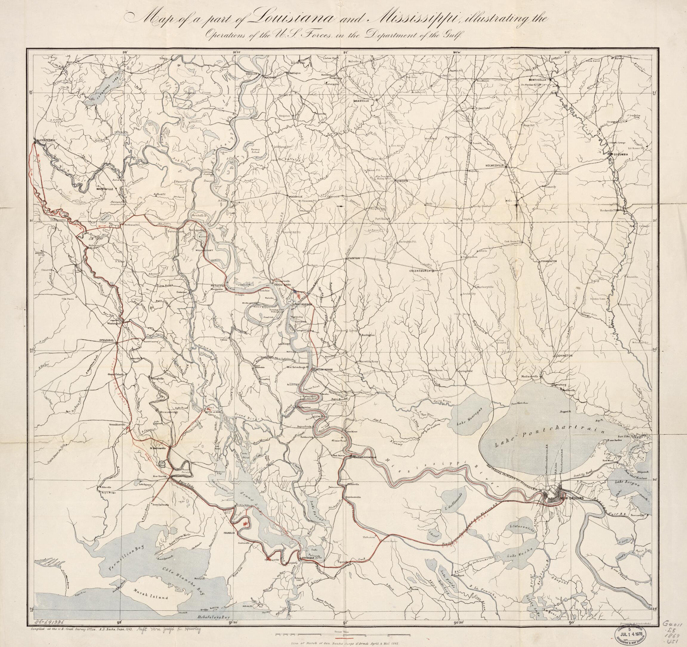 This old map of Map of a Part of Louisiana and Mississippi : Illustrating the Operations of the U.S. Forces In the Department of the Gulf from 1863 was created by A. D. (Alexander Dallas) Bache, Joseph R. (Joseph Roswell) Hawley, H. (Henry) Lindenkohl,  