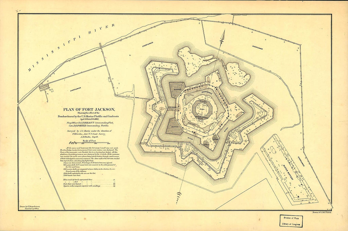 Plan of Fort Jackson, Showing the Effect of the Bombardment by the U.S. Mortar Flotilla and Gunboats, April 18th to 24th 1862 : Flag Officer D.G. Farragut Commanding Fleet, Com. D.D. Porter Commanding Flotilla by Relic Map Company