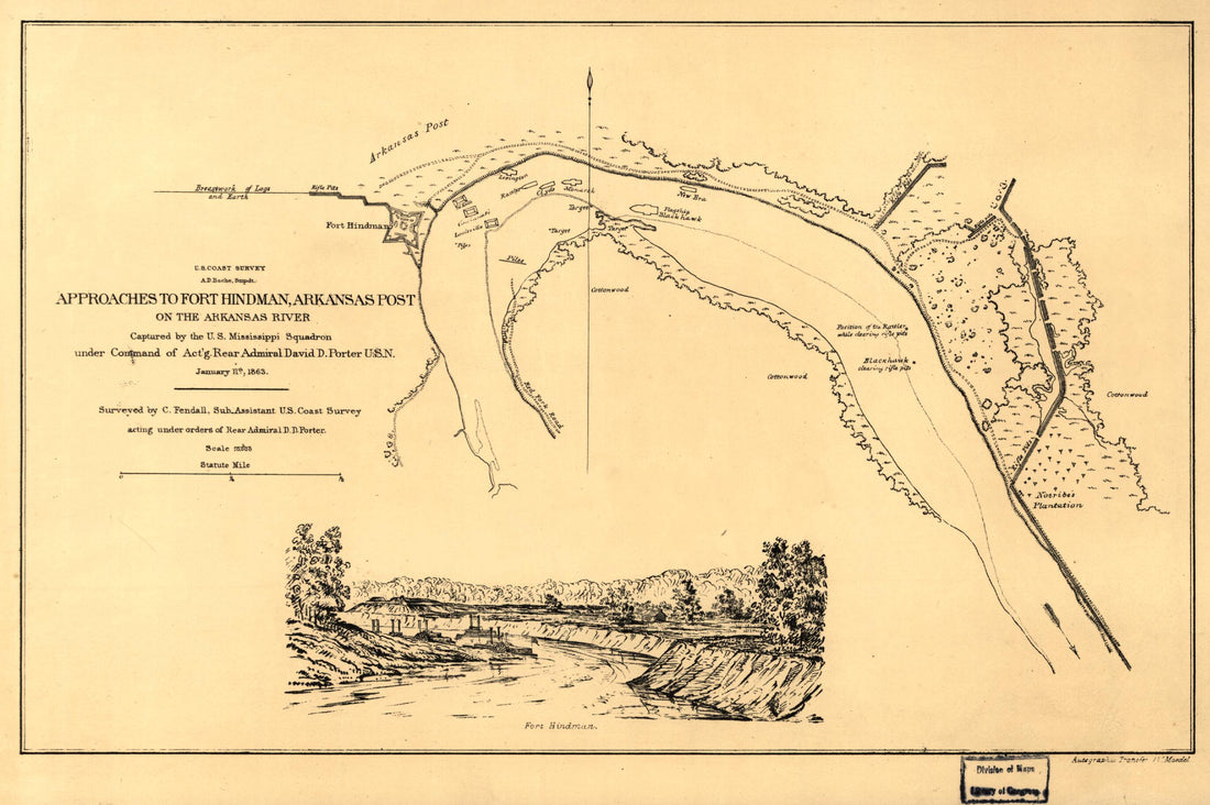 This old map of Approaches to Fort Hindman, Arkansas Post, On the Arkansas River : Captured by the U.S. Mississippi Squadron, Under Command of Act&