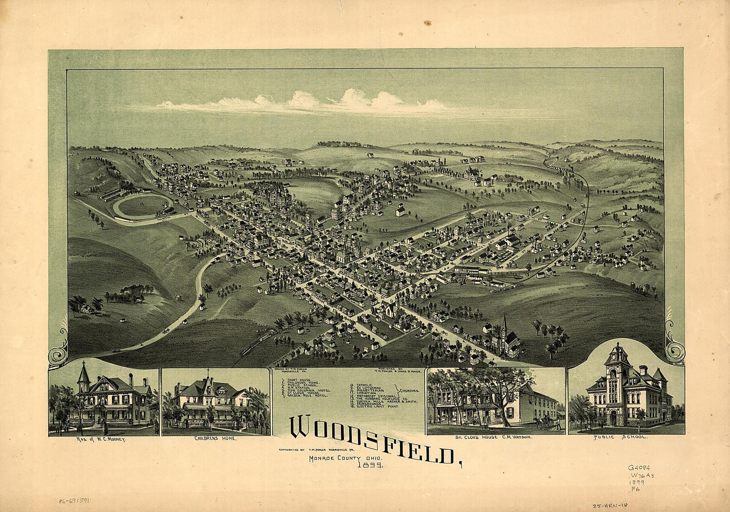 This old map of Woodsfield, Monroe County, Ohio, from 1899 was created by T. M. (Thaddeus Mortimer) Fowler, James B. Moyer in 1899