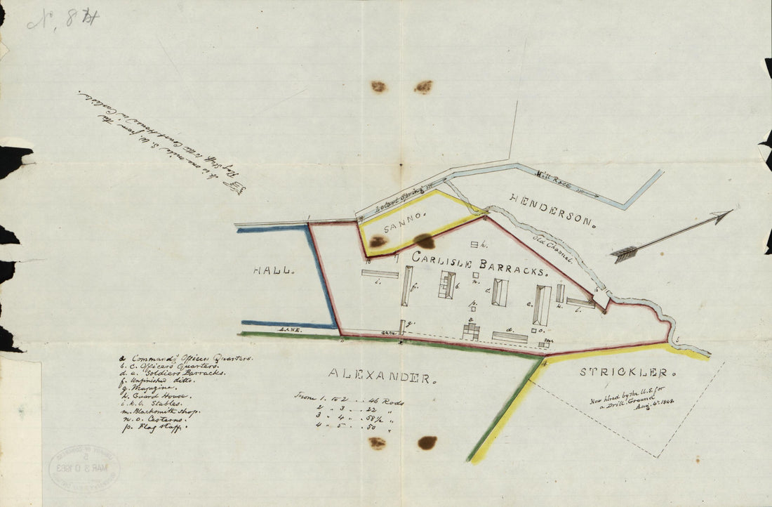 This old map of Map of the Carlisle Barracks, Carlisle, Pennsylvania from 1848 was created by O. M. (Orlando Metcalfe) Poe in 1848