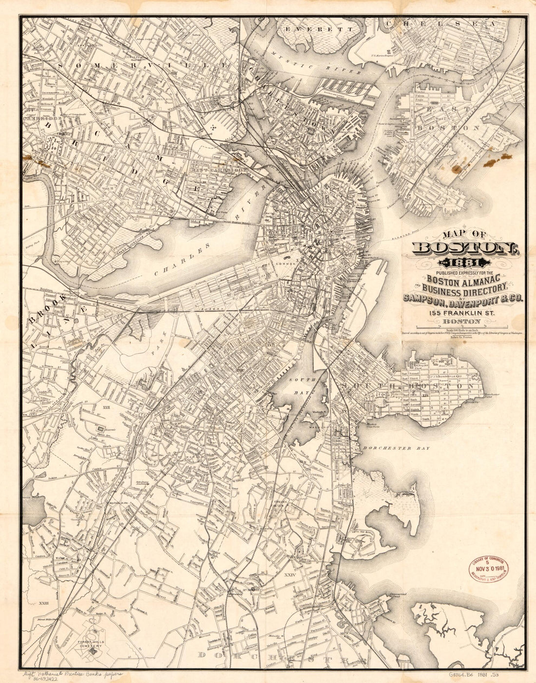 This old map of Map of Boston for from 1881 was created by Nathaniel Prentiss Banks, Davenport &amp; Co Sampson in 1881