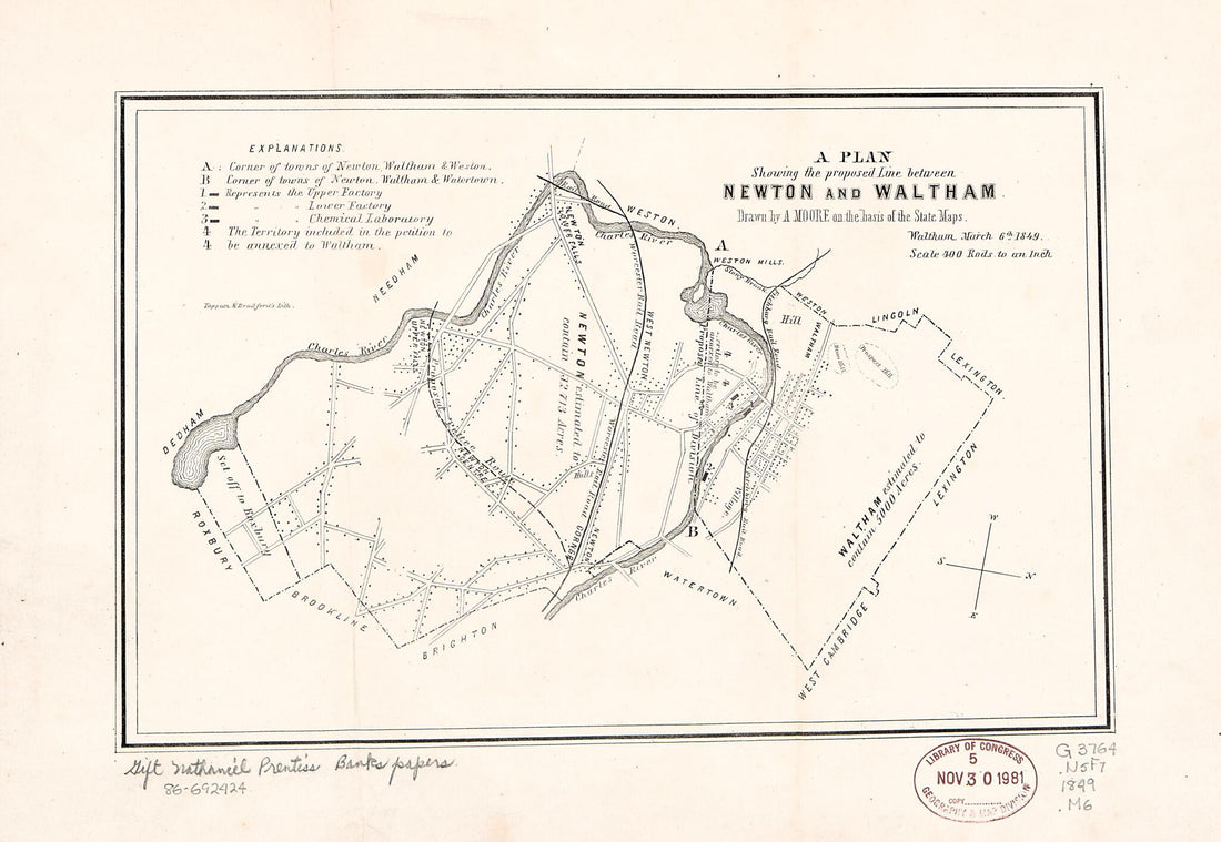 This old map of A Plan Showing the Proposed Line Between Newton and Waltham from 1849 was created by Nathaniel Prentiss Banks, A. Moore in 1849