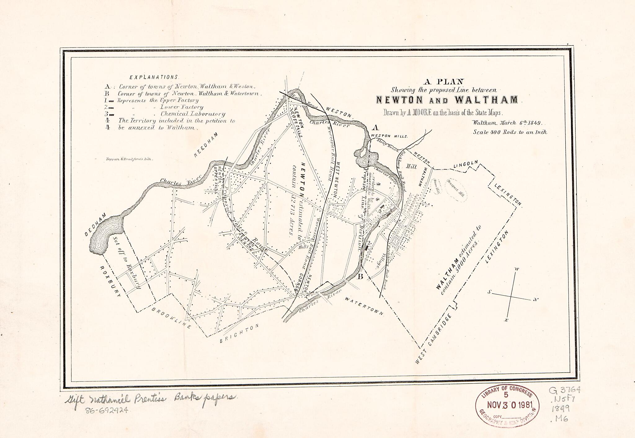 This old map of A Plan Showing the Proposed Line Between Newton and Waltham from 1849 was created by Nathaniel Prentiss Banks, A. Moore in 1849