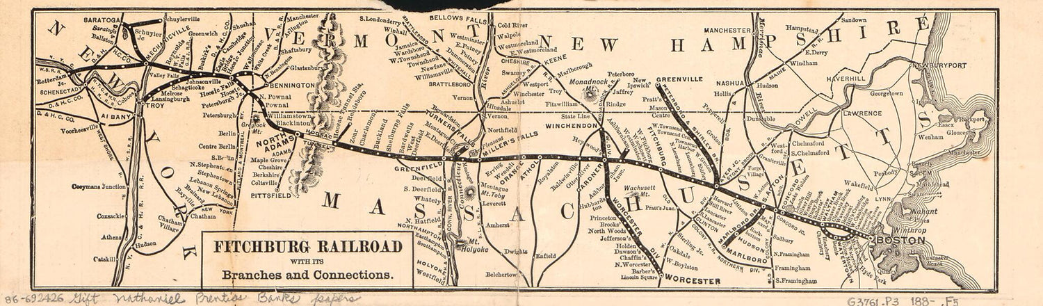 This old map of Fitchburg Railroad With Its Branches and Connections from 1880 was created by Nathaniel Prentiss Banks in 1880