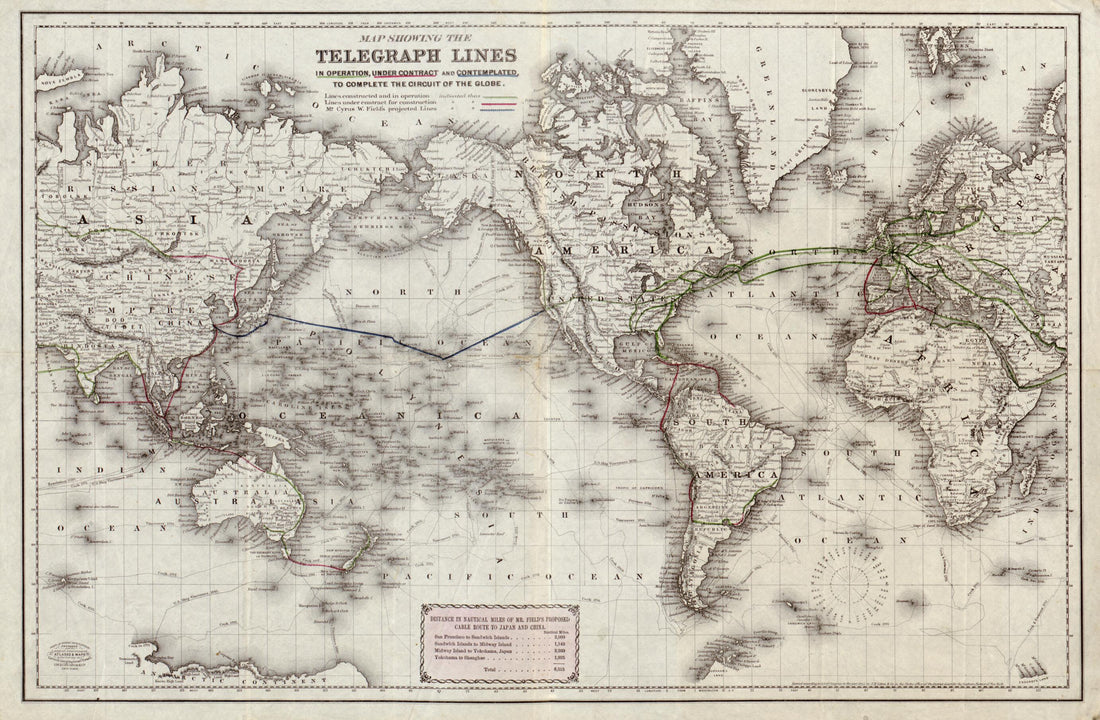 This old map of Map Showing the Telegraph Lines In Operation, Under Contract, and Contemplated, to Complete the Circuit of the Globe from 1871 was created by Nathaniel Prentiss Banks,  G.W. &amp; C.B. Colton &amp; Co,  J.H. Colton &amp; Co in 1871