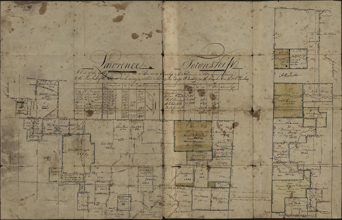 This old map of Lawrence Township : a List of the Settlers Names and Lots In Lawrence Township by the Resurvey In from 1834 Having Reference to the Numbers of the Lots In Each Survey As Numbers On Their Respective Maps the Quantity In the Resurvey &amp; In t