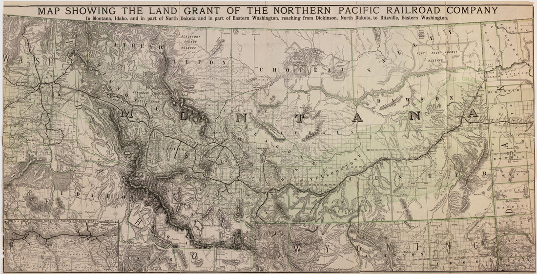 This old map of Map Showing the Land Grant of the Northern Pacific Railroad Company In Montana, Idaho, and In Part of North Dakota, and In Part of Eastern Washington, Reaching from Dickinson, North Dakota, to Ritzville, Eastern Washington from 1890 was c