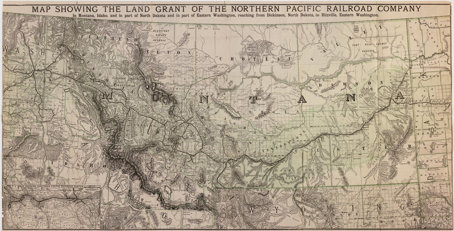 This old map of Map Showing the Land Grant of the Northern Pacific Railroad Company In Montana, Idaho, and In Part of North Dakota, and In Part of Eastern Washington, Reaching from Dickinson, North Dakota, to Ritzville, Eastern Washington from 1890 was c