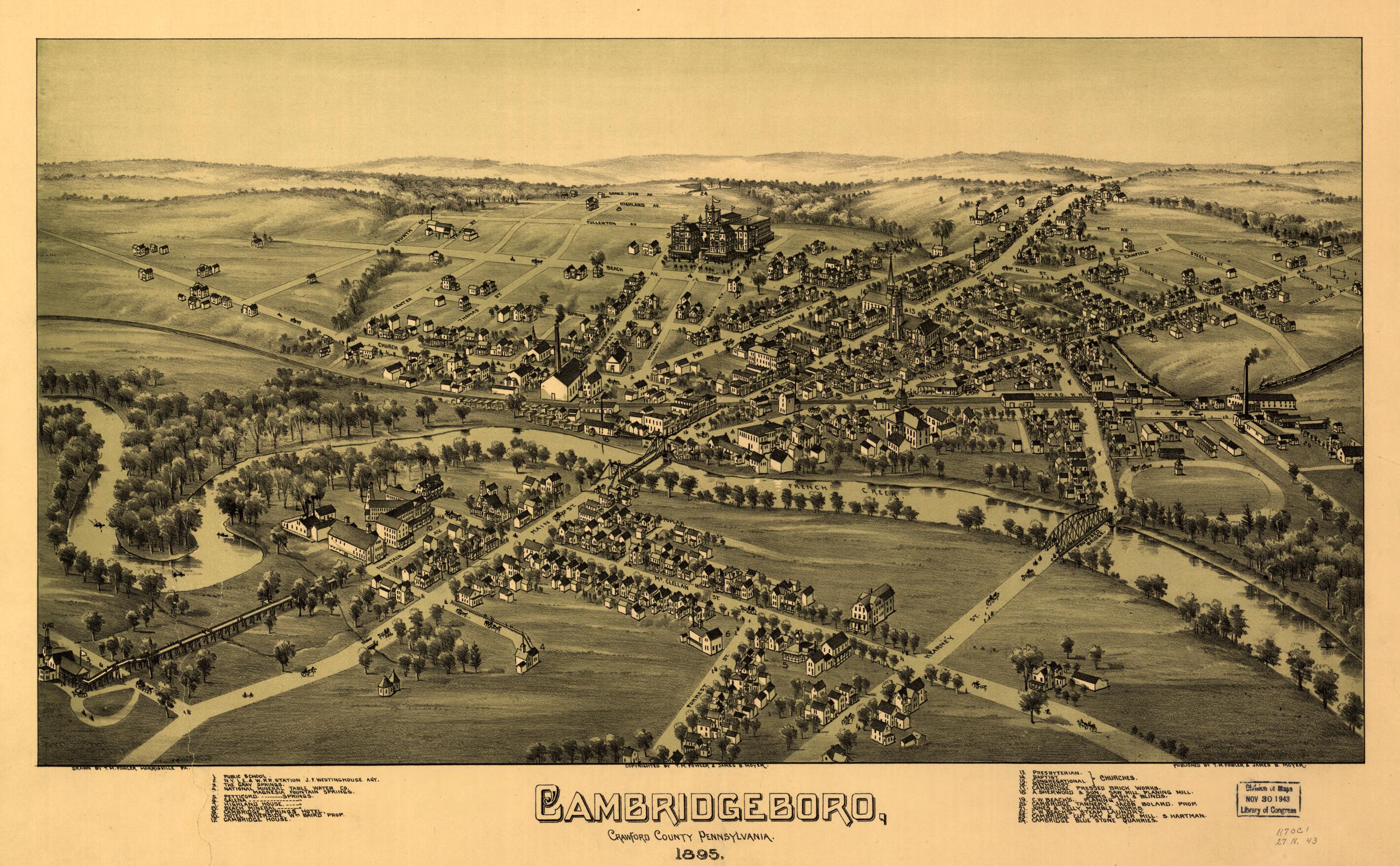 This old map of Cambridgeboro, Crawford County, Pennsylvania, from 1895 was created by T. M. (Thaddeus Mortimer) Fowler, James B. Moyer in 1895