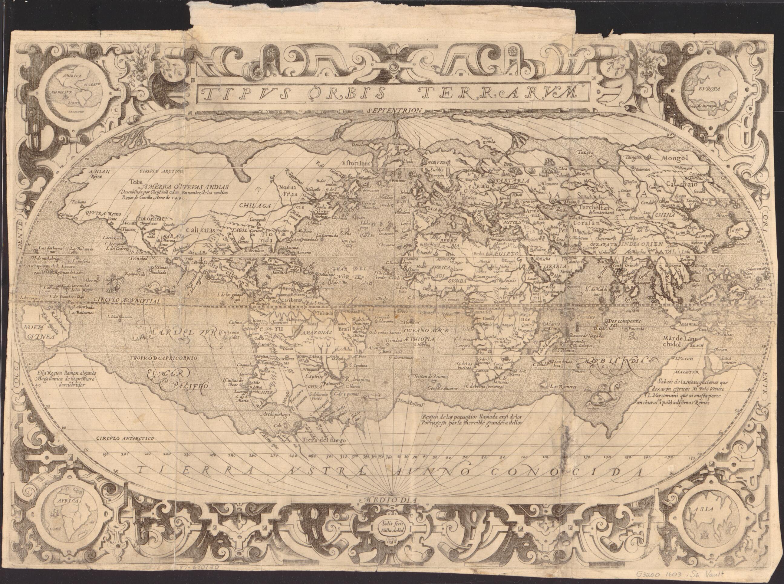 This old map of Tipus Orbis Terrarum from 1603 was created by Hermando De Solis in 1603