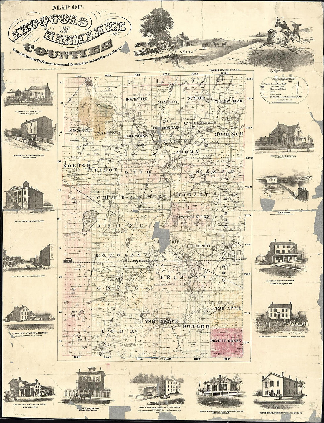 This old map of Map of Iroquois and Kankakee Counties from 1860 was created by John Wilson in 1860