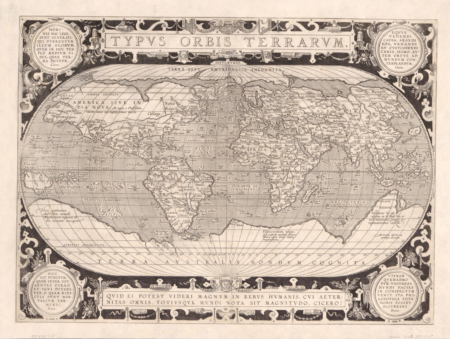 This old map of Typvs Orbis Terrarvm from 1628 was created by Abraham Ortelius in 1628