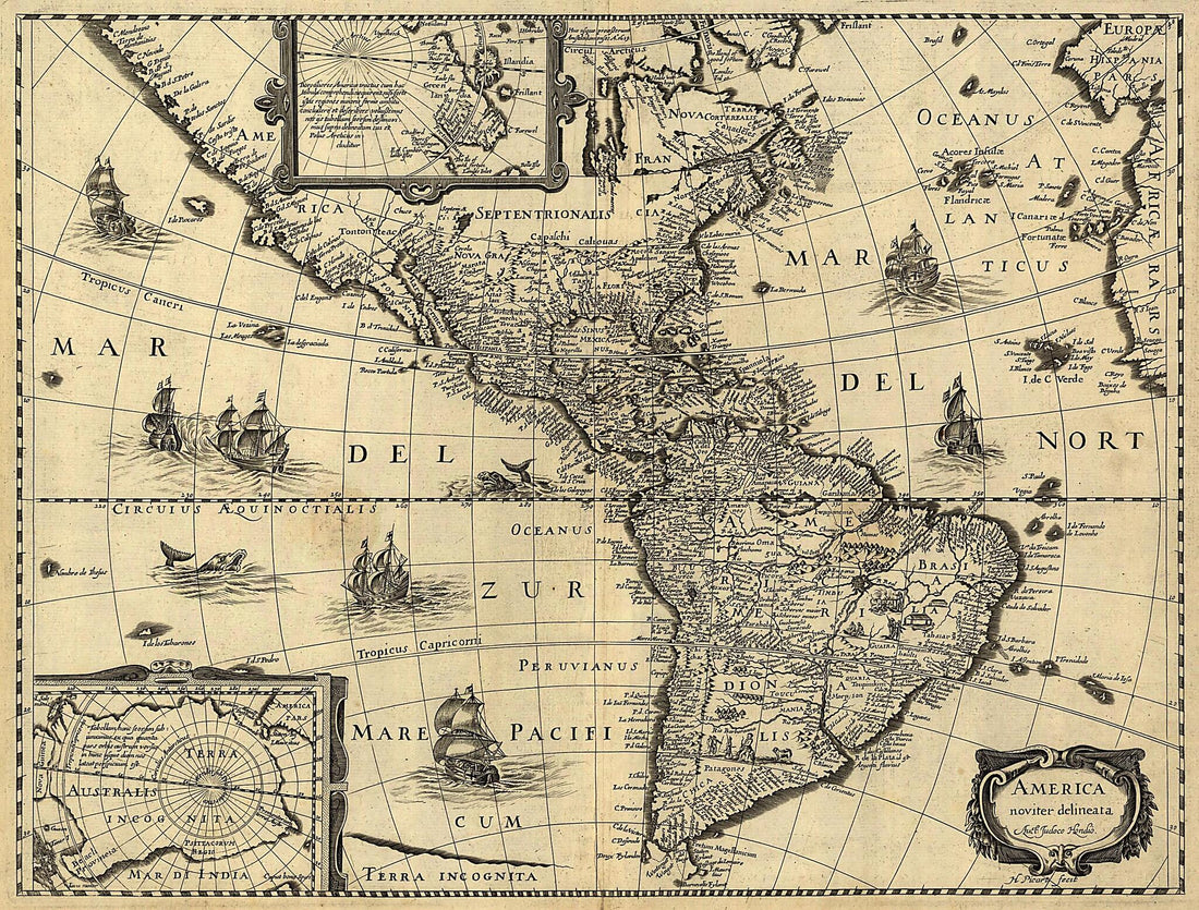 This old map of America Noviter Delineata from 1640 was created by Jean Boisseau, Jodocus Hondius, H. (Hugues) Picart in 1640