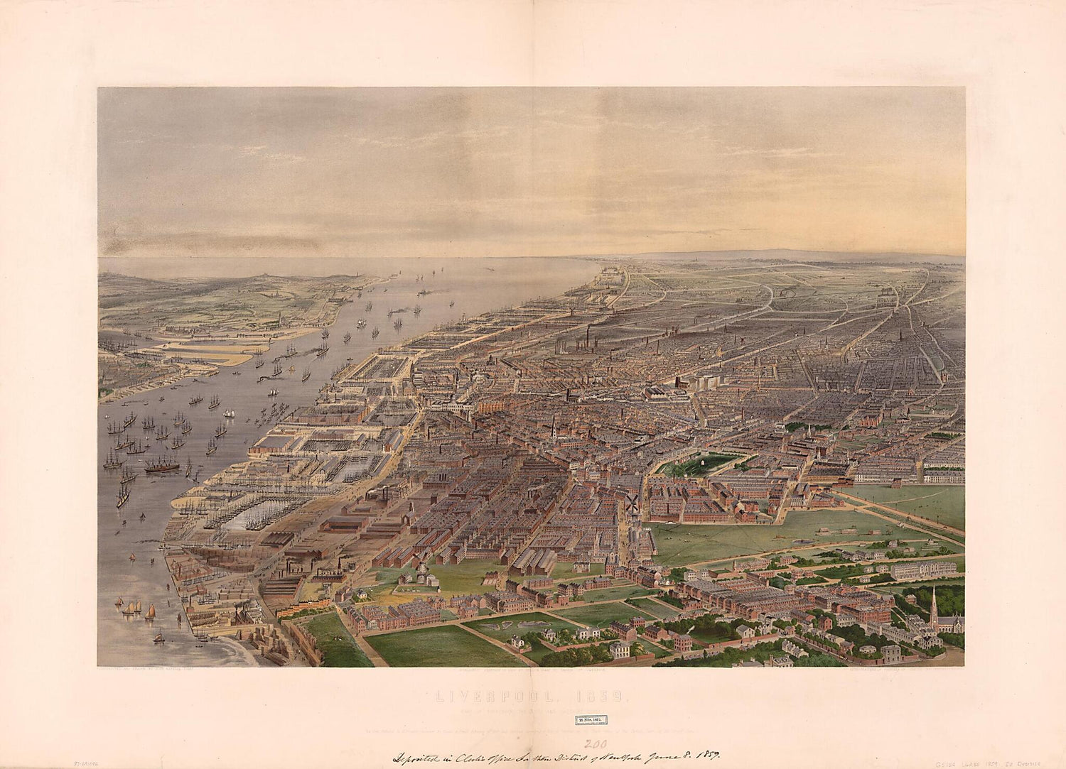 This old map of Liverpool, from 1859, Part of Birkenhead, the Docks, and Cheshire Coast was created by Vincent Brooks, John Raphael Isaac, M. Knoedler in 1859