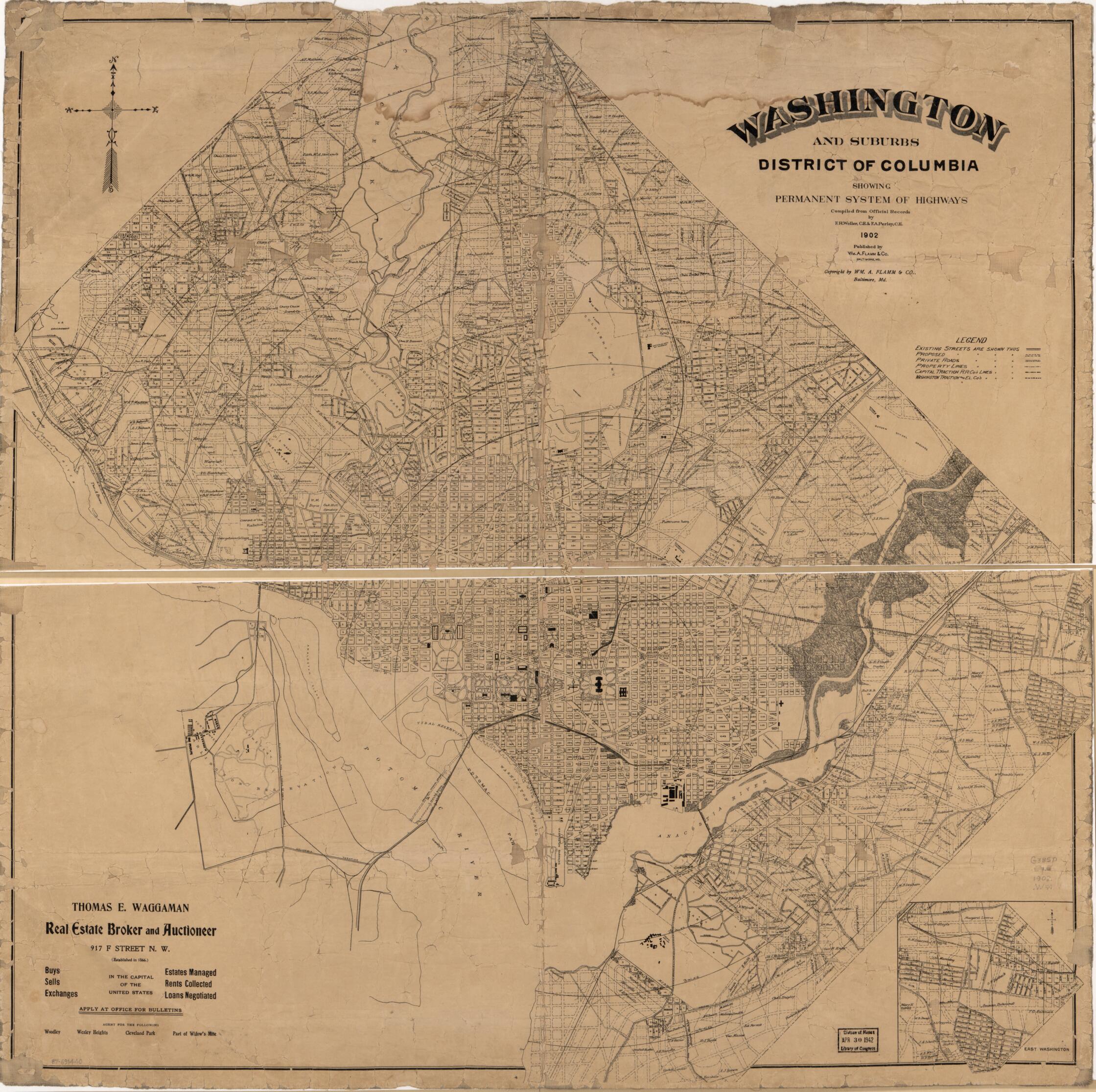 This old map of Washington and Suburbs, District of Columbia, Showing Permanent System of Highways from 1902 was created by F. A. Perley, F. R. Weller,  Wm. A. Flamm &amp; Co in 1902