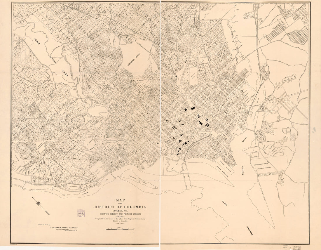 This old map of Map of the District of Columbia, October from 1907 : Showing Present and Proposed Streets : Compiled Form sic Latest Data at the Office of the Engineer Commissioner, District of Columbia was created by  Chesapeake and Potomac Telephone Co