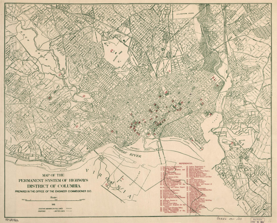 This old map of Map of the Permanent System of Highways, District of Columbia from 1911 was created by  Office of the Engineer Commissioner D.C. in 1911