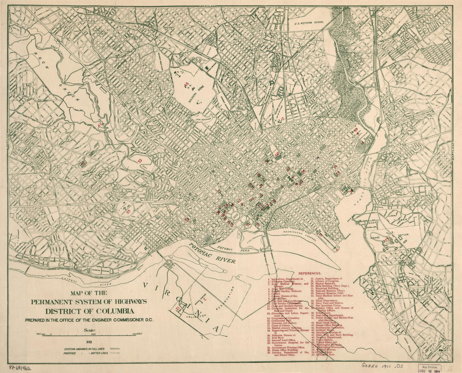 This old map of Map of the Permanent System of Highways, District of Columbia from 1911 was created by  Office of the Engineer Commissioner D.C. in 1911