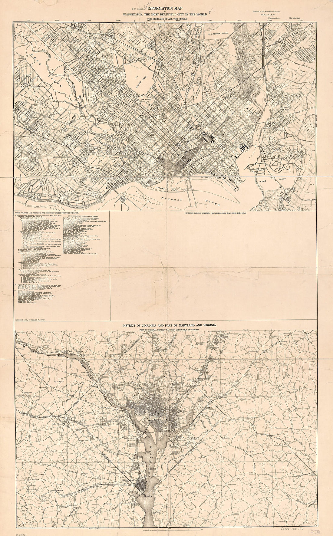 This old map of Information Map of Washington, the Most Beautiful City In the World : the Heritage of All the People ; District of Columbia and Part of Maryland and Virginia : Part of Original District Has Been Ceded Back to Virginia from 1912 was create