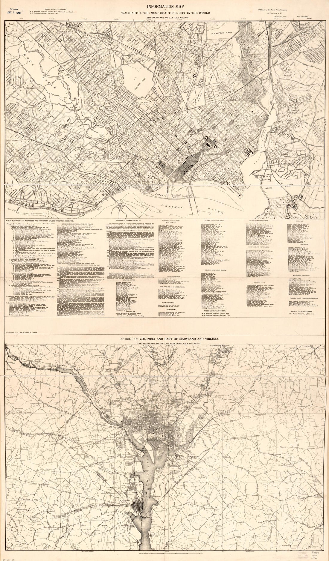 This old map of Information Map of Washington, the Most Beautiful City In the World : the Heritage of All the People ; District of Columbia and Part of Maryland and Virginia : Part of Original District Has Been Ceded Back to Virginia from 1912 was create